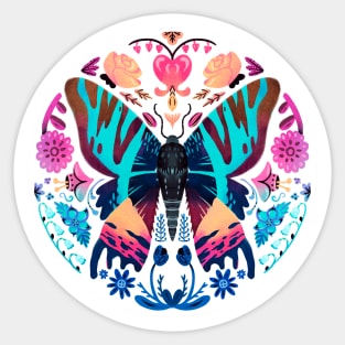 Madagascan Sunset Moth and Vibrant Flowers Sticker